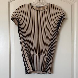 Zara Beige and Navy Pleated Striped Top